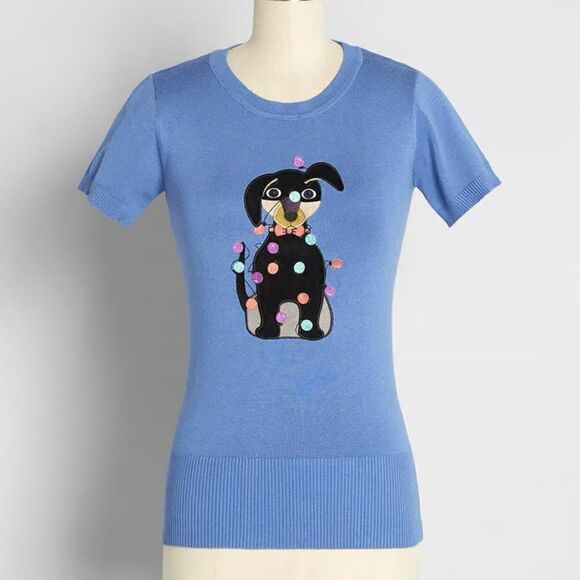 Modcloth Embroidered Knit Christmas Knit Top Dachshund Dog Sweater Blue XXL NWT - Picture 1 of 13